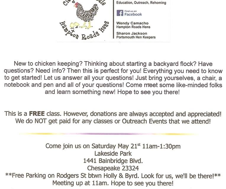Free Backyard Chicken Keeping 101 Class to be held 11 a.m. May 21, Lakeside Park